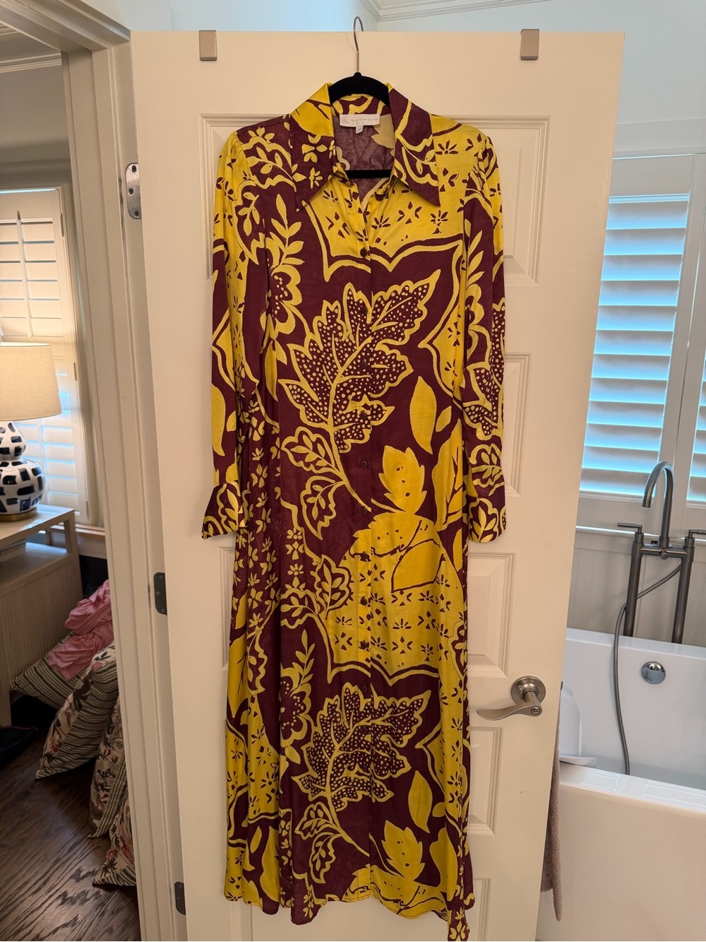 Anthropologie x Corey Lynn Calter Yellow and Burgundy Floral Maxi Shirt Dress